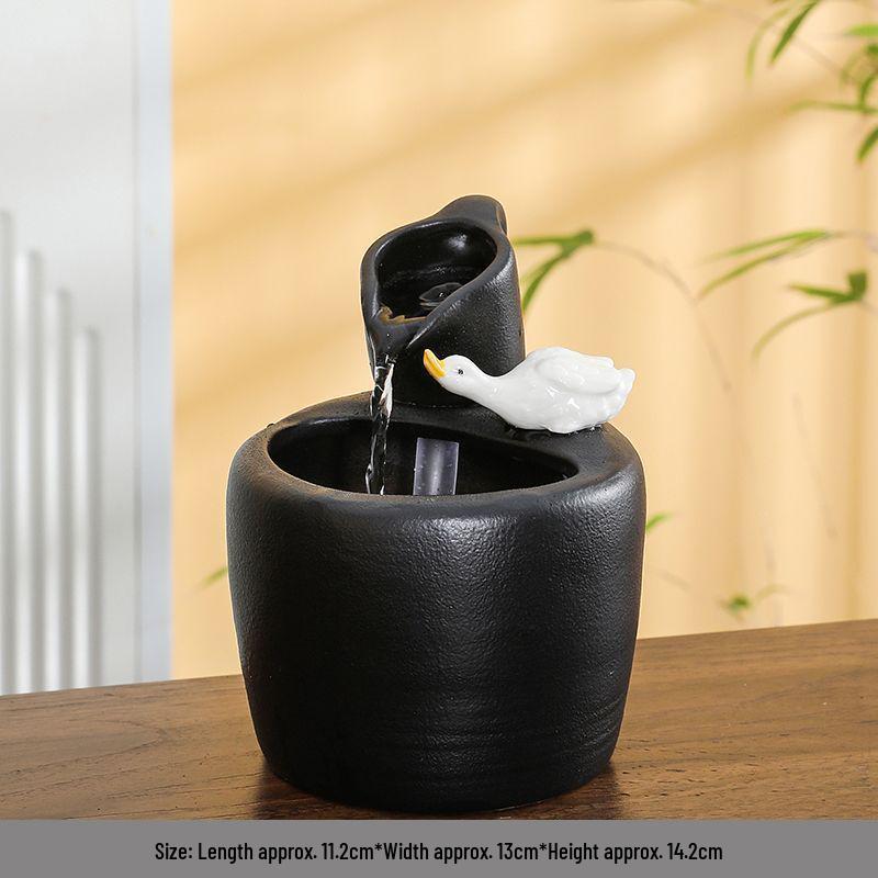 Ceramic Desktop Fish Tank with Automatic Water Circulator and Lucky Cat Ornament