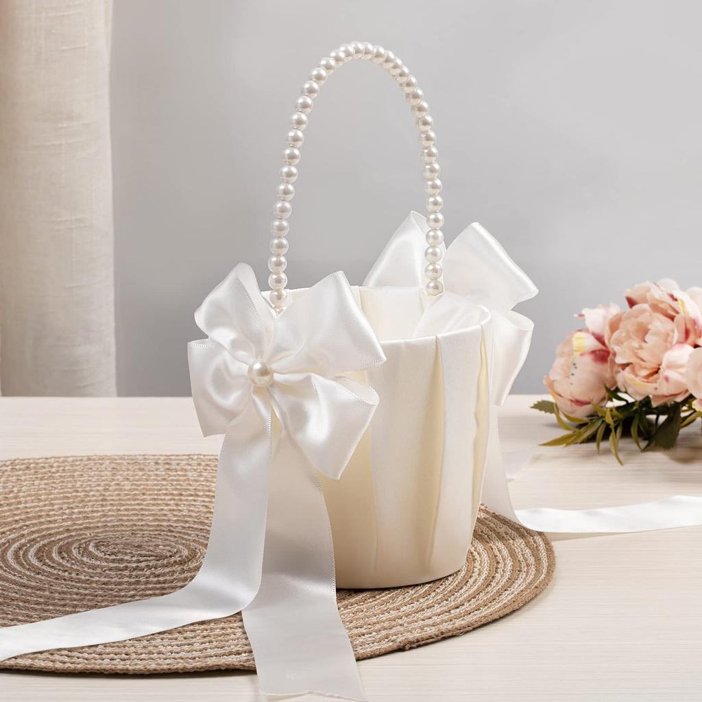 White Flower Basket Bow Faux Pearl Girls Wedding Flower Basket for Bride Kids Hand Held Wedding Ceremony Party Decorations