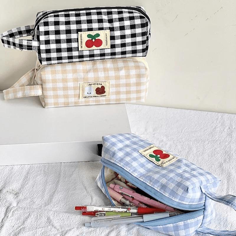 Checkboard Embroidery Pencil Bag Portable Stationery Bag High Capacity Kawaii Pens Women Girls Makeup Bags School Supplies