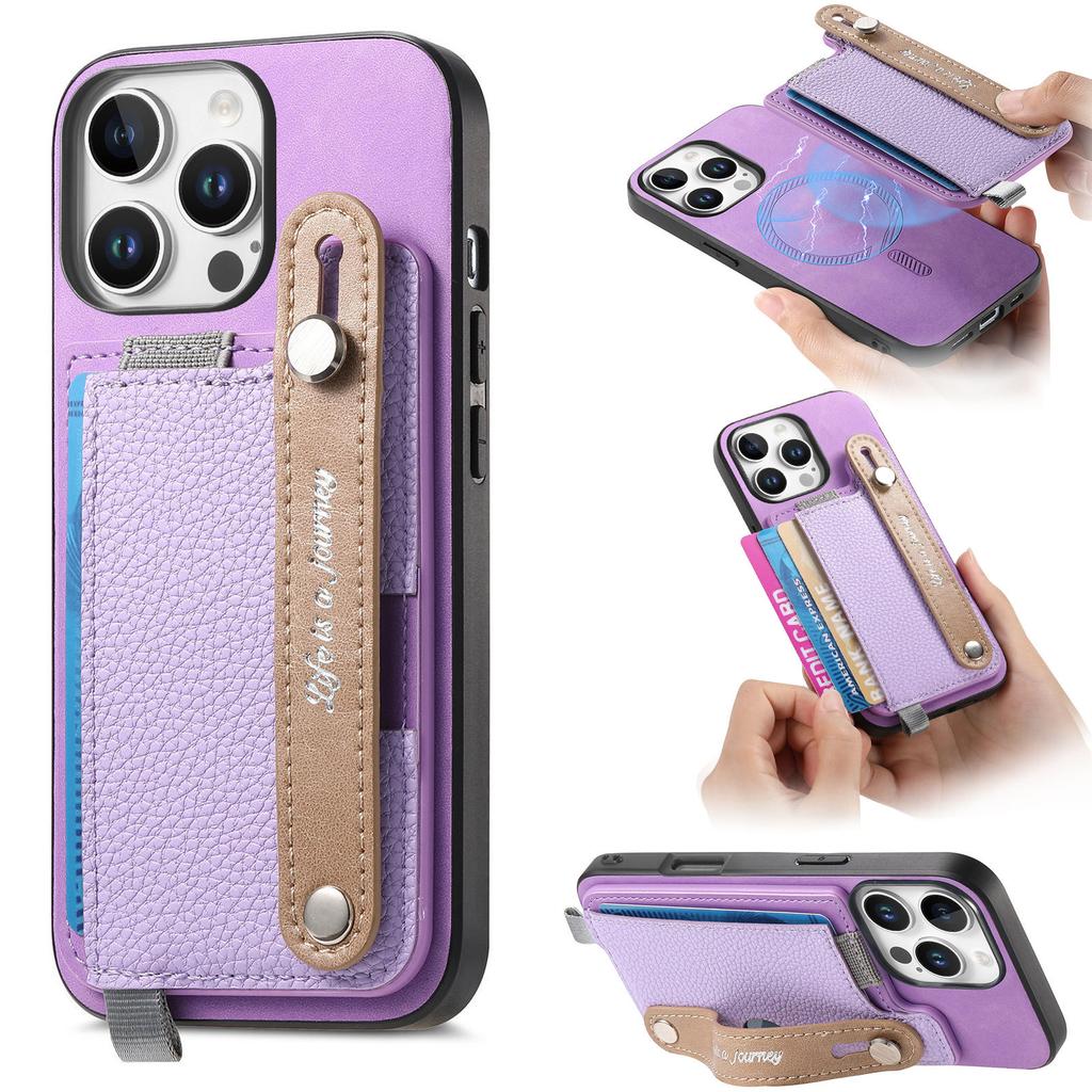 For iPhone 16 Pro Magnetic Leather Back Case with Detachable Card Holder and Wristband