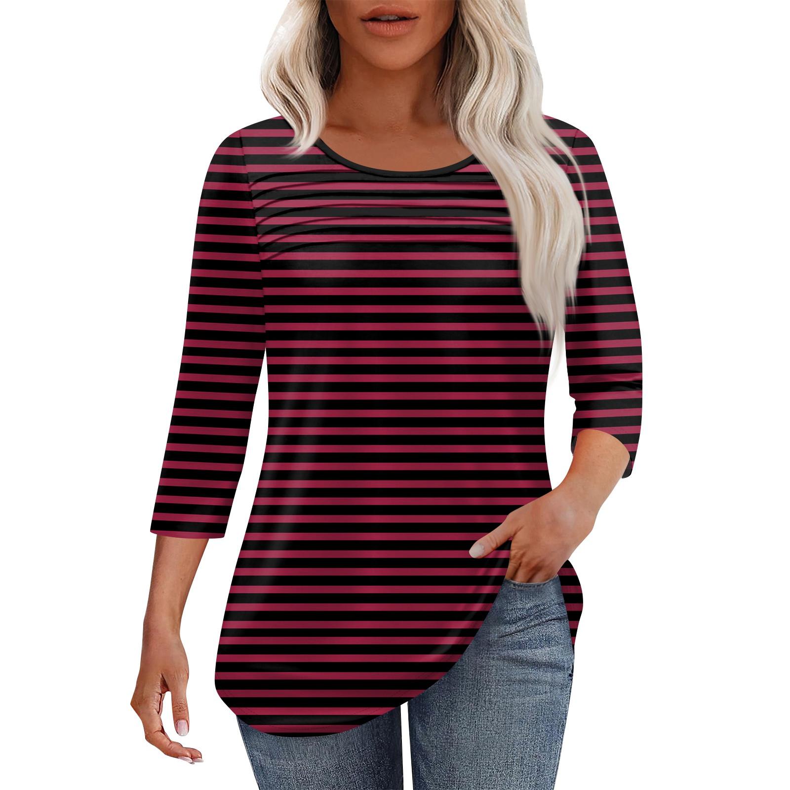 

Женская мода круглый вырез шея плиссированная передняя планка с принтом рукав 3/4 топ XL винный