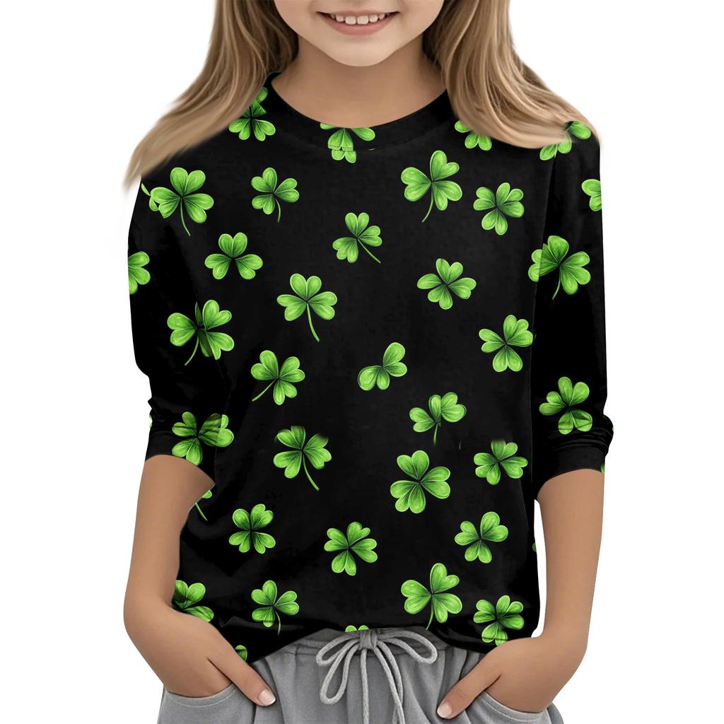 St. Patrick's Day Print Tops For Youth Girls 4-11 Years Round Neck 3/4 Sleeves T-Shirts Trendy Tops Outfit Tees