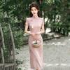 Pink Modern Chinese-Inspired Qipao Dress Women Short Sleeve Stand Collar Floral Jacquard Wearable Petite Girls