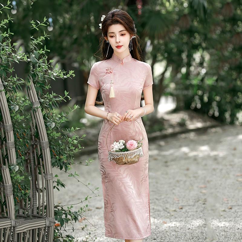 Pink Modern Chinese-Inspired Qipao Dress Women Short Sleeve Stand Collar Floral Jacquard Wearable Petite Girls Small