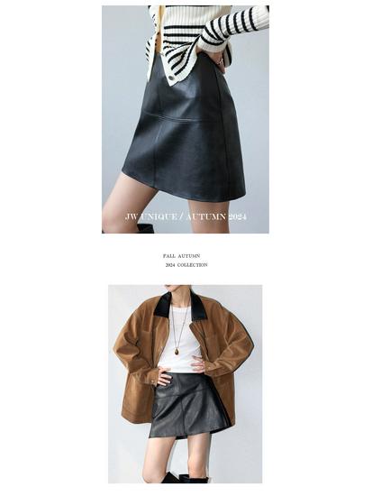 JWUNIQUE Women's Dimple Black High-Waisted A-Line Leather Mini Skirt for Slimming Fit - 2025 Autumn Collection