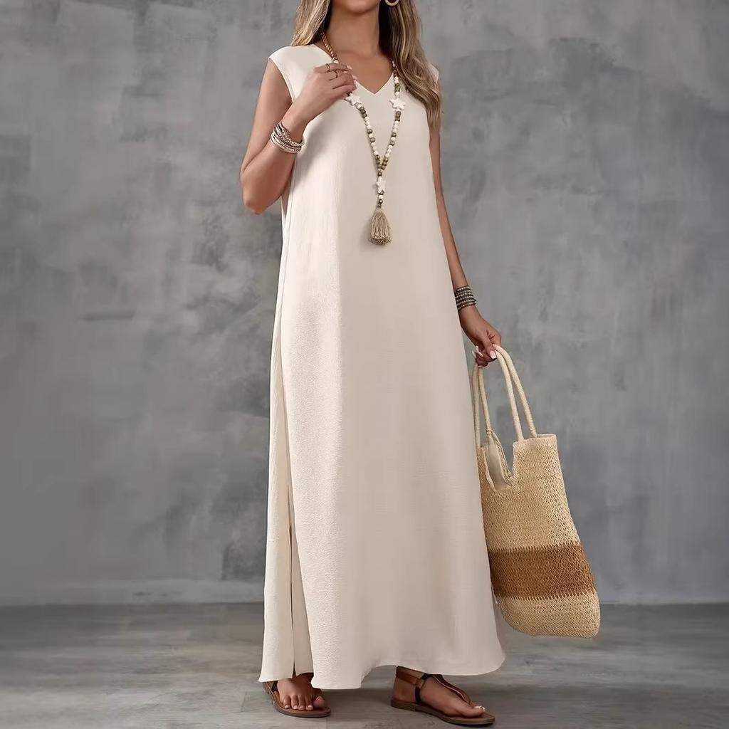 Summer women's sleeveless V-neck side split solid color two-piece combination fashionable long dress