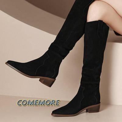 Botas altas de ante para mujer Botas altas de punta sólida para mujer Botas altas romanas retro Zapatos de tacón alto 2024 Bota larga de otoño invierno para mujer