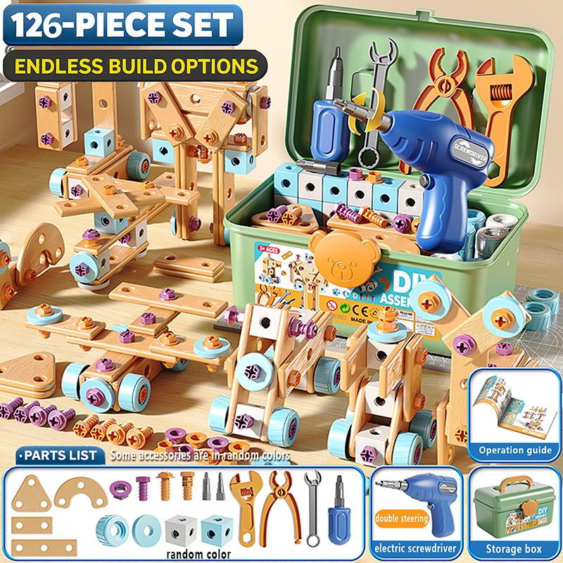 DIY Assembly Engineering Playset for Kids, 126 Pieces Electric Screwdriver, Screws, Plate, Wheel & Tool, Transforming Robot, Chr