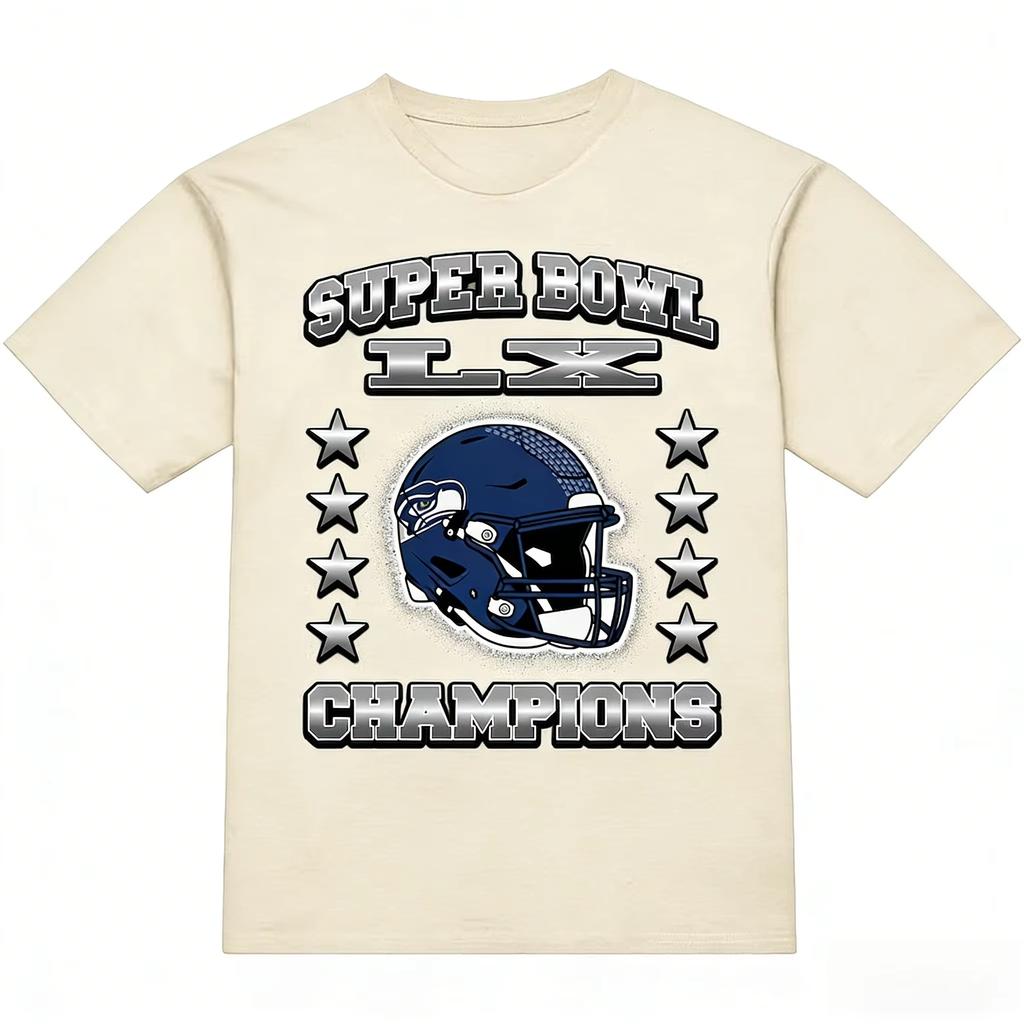 Super Bowl LX 2026 Seahawks Champion Commemorative Shirt Unisex Summer New Mens Football pure Cotton Short Sleeve Tshirt