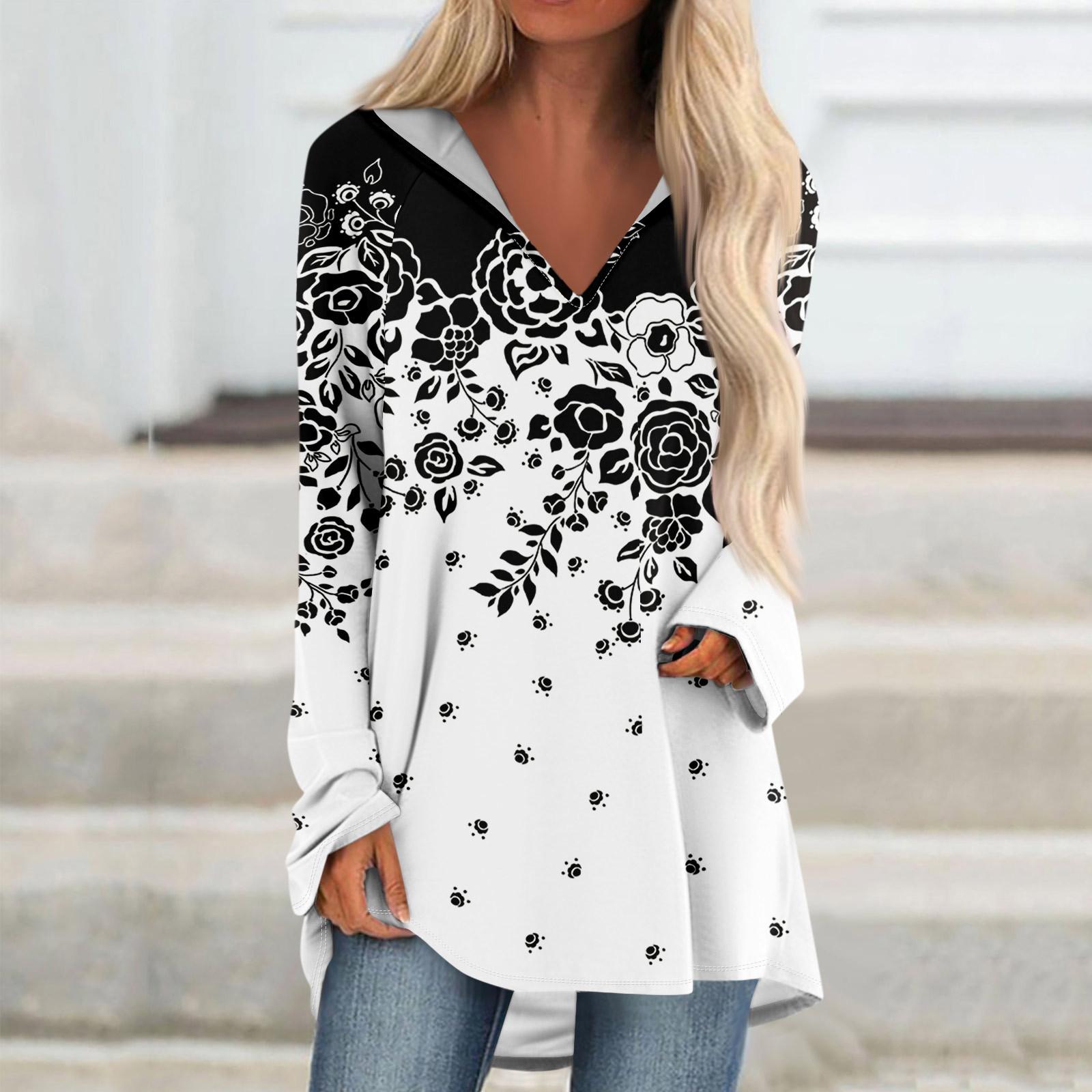 Женские свободные топы с V-образным вырезом и капюшоном с длинными рукавами — фото 7