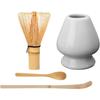 Japanese Matcha Tool Set Bamboo Scoop,Bamboo Spoon,Bamboo Whisk,Ceramic Whisk Holder Fit for Tea Ceremony Use (White)