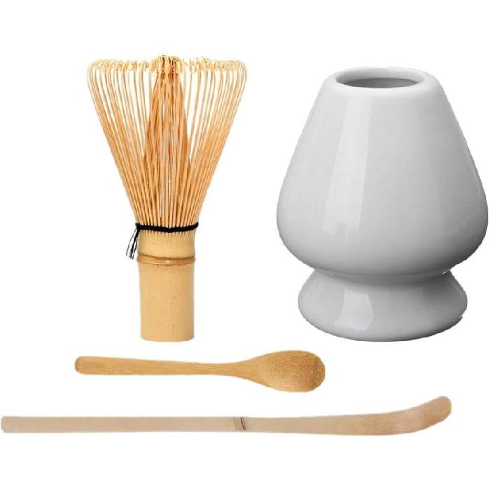 Japanese Matcha Tool Set Bamboo Scoop,Bamboo Spoon,Bamboo Whisk,Ceramic Whisk Holder Fit for Tea Ceremony Use (White)
