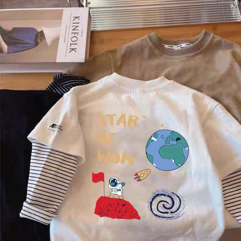 Boys Cotton Long Sleeve T Shirt Fake Two Piece Round Neck Thin Base Layer Top For Spring Autumn Baby Toddler Outerwear