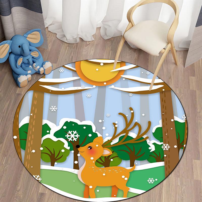 Floor Mat Living Room Rug Children's Crawling Play Area Mat Anime Carpet Door Mat Forest Fawn Round Rug