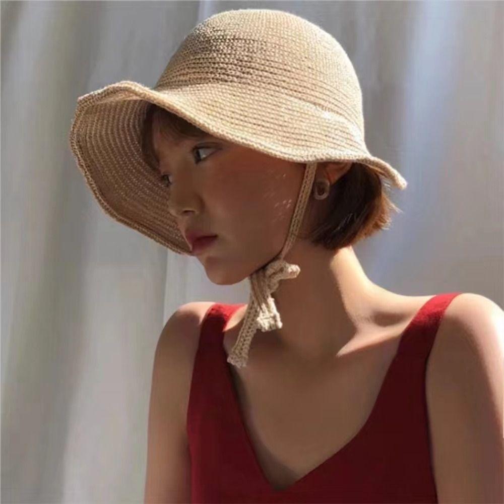 

Anti-UV Lace-up Bucket Hat Versatile Sun Protection Cap Outdoor Vacation Beach абрикосовий