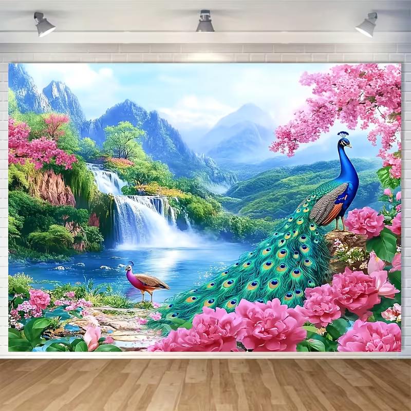 2D Blue Peacock Waterfall Tapestry for Spring Festival Party & Home Background Decoration