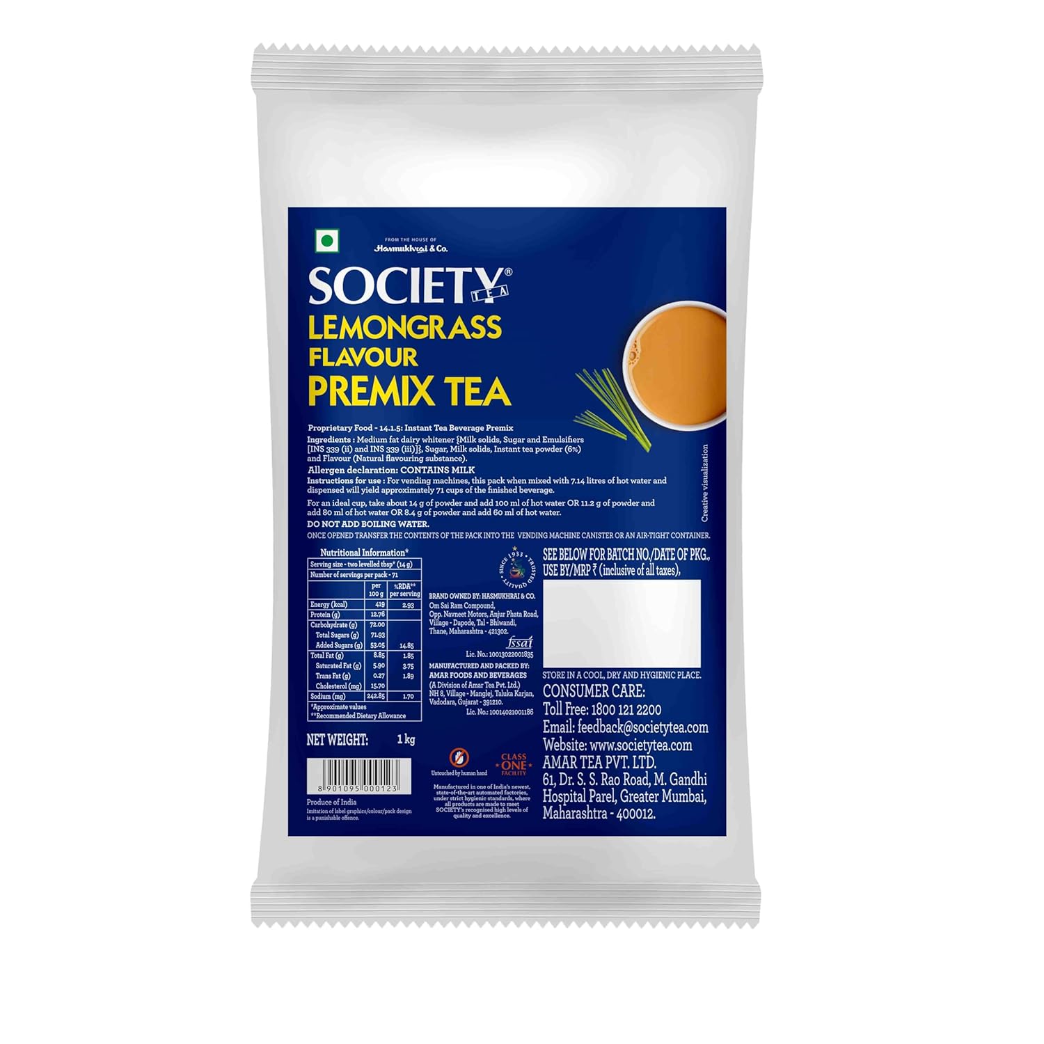 

Society One Minute Tea Lemongrass Flavour 1 kg Pouch Pack of 1 Refreshing Instant Tea