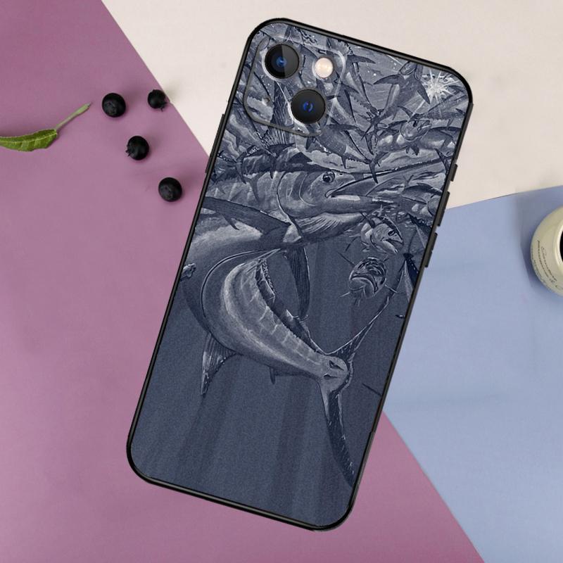 Blue Marlin Painting Case For iPhone 16 15 14 13 12 11 Pro Max Plus X XS Max XR 7 8 Cover Accessories