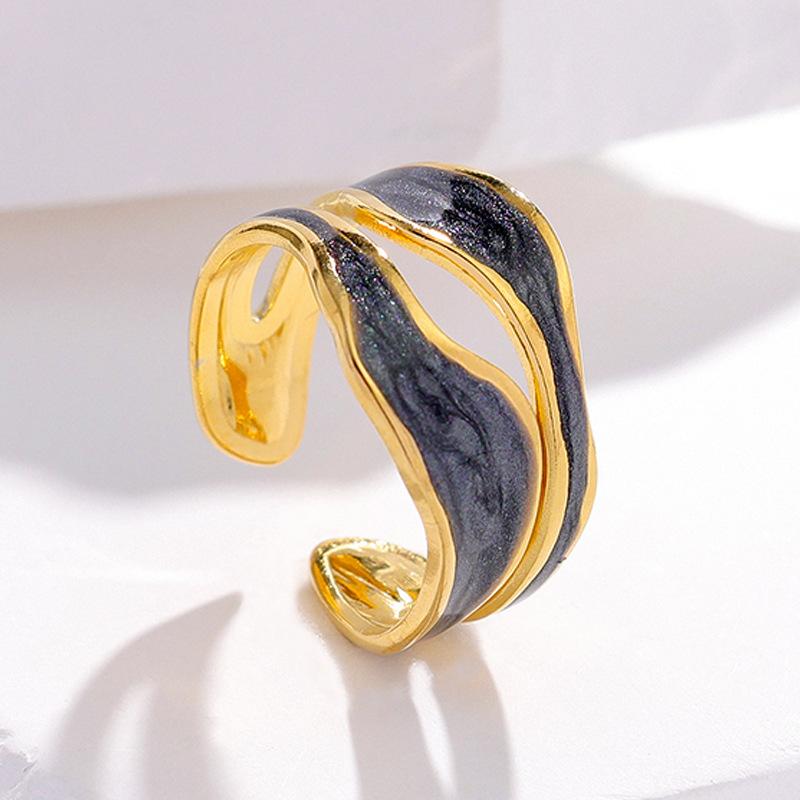 Stainless Steel Geometric Double-Layer Hollow Ring For Women  Irregular Black And White Enamel Ring With Adjustable Jewelry