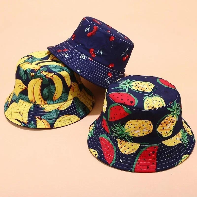Fashion Summer Double-sided Wear Pineapple Fisherman Hat Unisex Fruit Print Fisherman Cap Leisure Packable Reversible Sun Hats