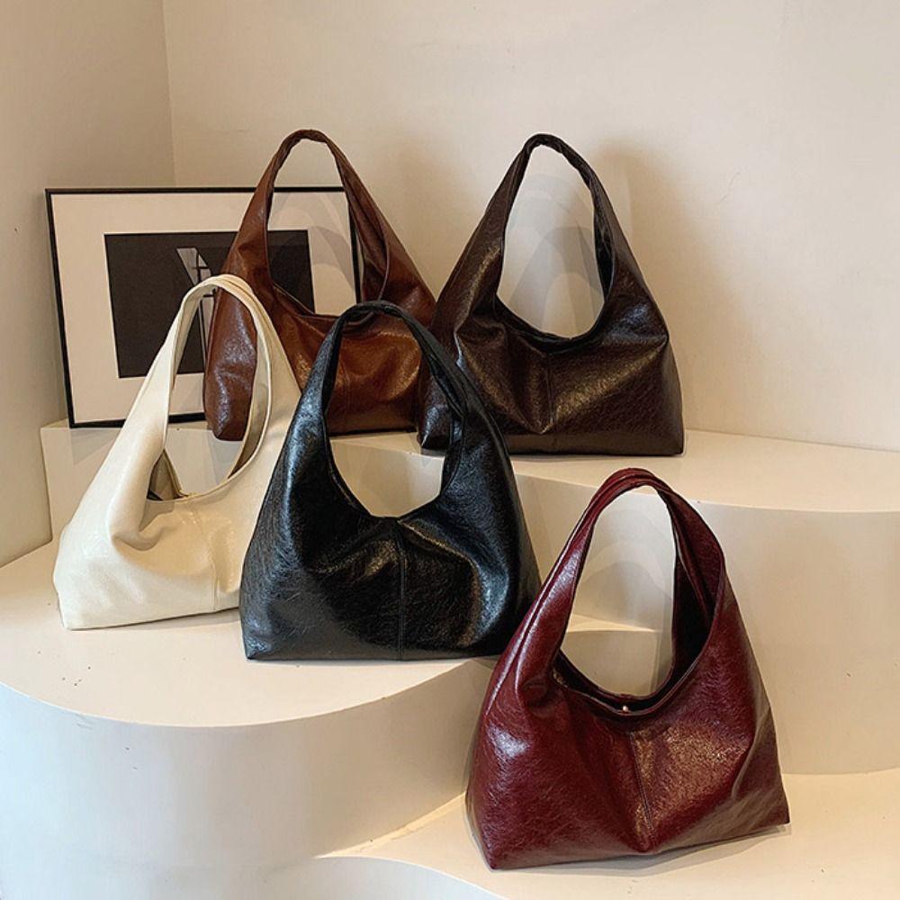 Solid Color Retro PU Tote Bag Tote Bag Underarm Packs Sweet Large Capacity Handbag  Office Worker