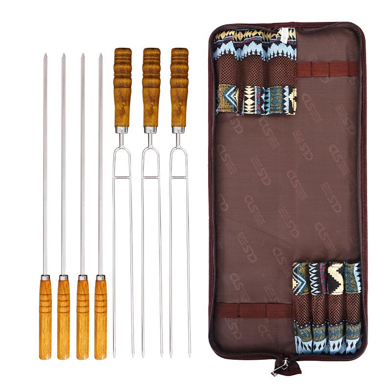 Korean Portable Outdoor BBQ Skewer Set: Stainless Steel U-Shaped Wooden Handle, 7-Piece.