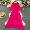 Spring Autumn Woman Dress New Flower Round Ne Seven-Quarter Sleeve Waist-Cinching Pleated Dresses for  Women Slimming Gown