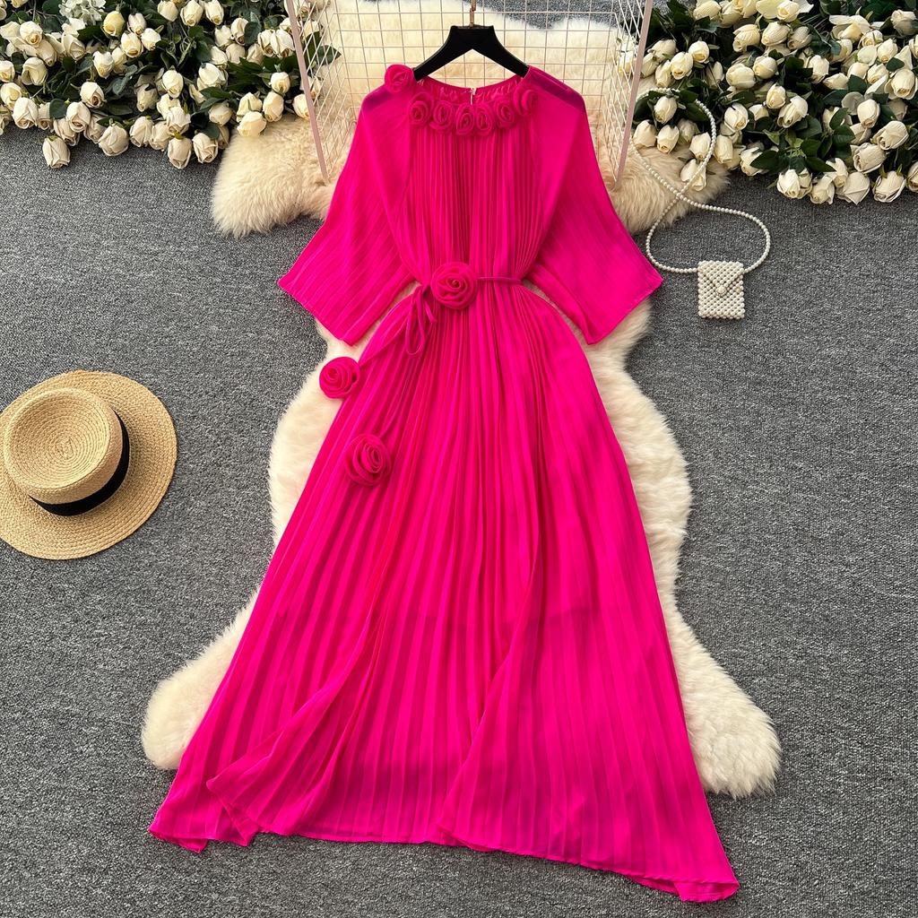 Spring Autumn Woman Dress New Flower Round Ne Seven-Quarter Sleeve Waist-Cinching Pleated Dresses for  Women Slimming Gown