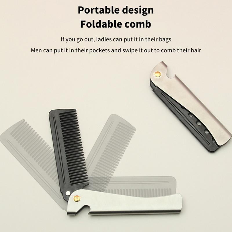 Men Retro Oil Head Comb Portable Folding Stainless Steel Comb Hairdressing Styling Round Teeth Comb Bottle Opener Dual Purpose