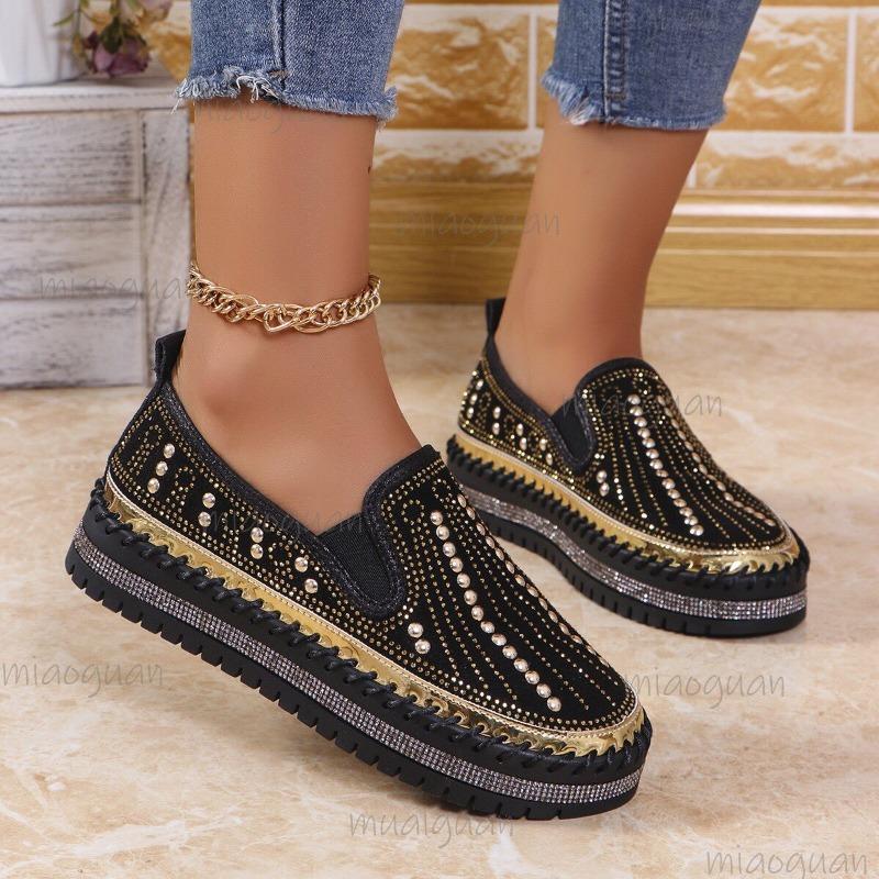 Runde Zehenpartie Damen Slip-on Loafer Mode Kristall Glitzer Anti-Rutsch Freizeit Schuhe für Damen Dicker Boden Flache Schuhe Frühling Sommer