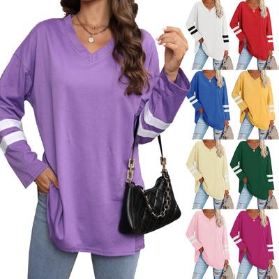 Women's T-shirt with Loose Shoulder Sleeves V-neck Contrasting Color Women's Top Long Sleeve T-Shirts Women