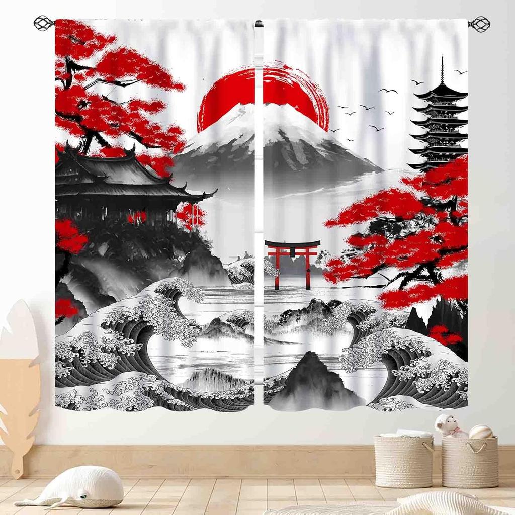Japanese Curtains Traditional Ink Painting Red Floral Plum Cherry Blossom Asian Style Nature Mountains Landscape Window Drapes Curtain Polyester
