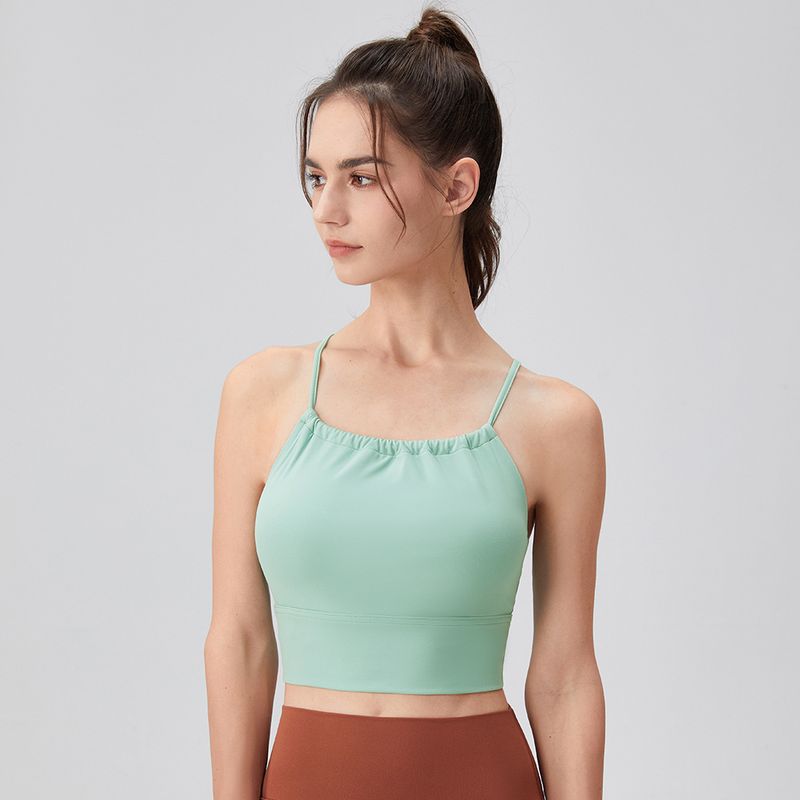 

Export 2024 New Arrival Sports Intimates Women s Halterneck Yoga Clothes Spaghetti-Strap Camisole Top Bubble Wrap Running Workout Bra Water mist Green XL