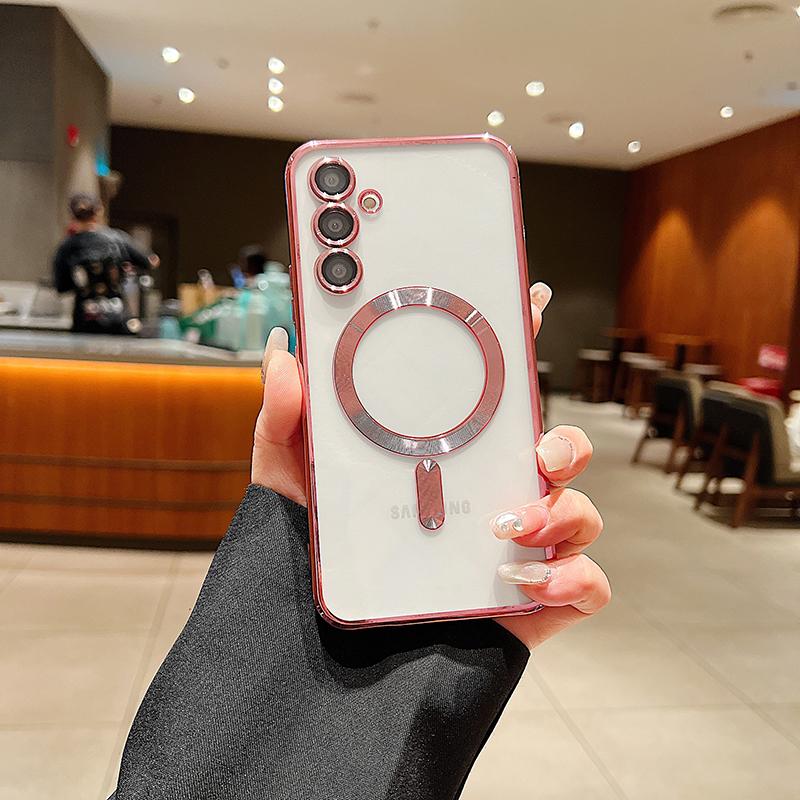 Luxury Plating Clear Silicone Phone Case For Samsung Galaxy S24 Ultra S24 Plus Magnetic Lens Protection Case S24 FE Back Cover