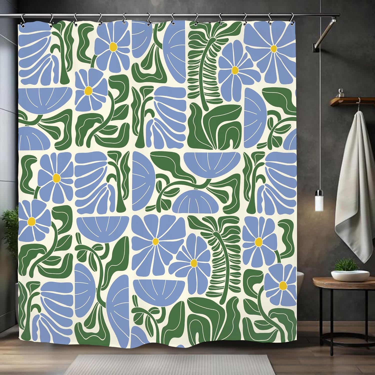 

Blue Green Floral Leaf Pattern Waterproof Shower Curtain 180x180cm - Retro Botanical Print Bath Curtain for Living Room Decor 90x180cm35x71in