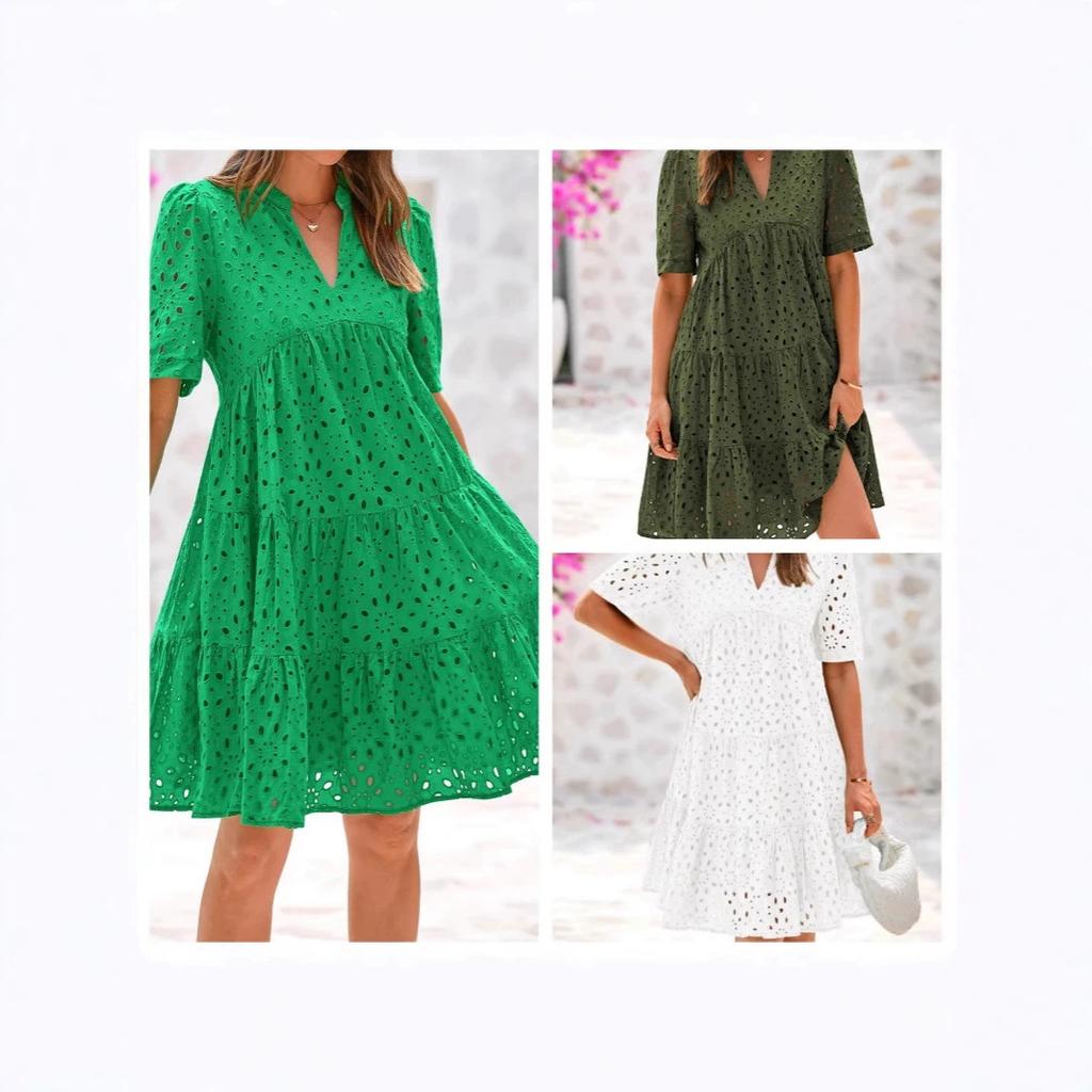 2026 Short Sleeve Women's Beach Vacation Skirt French V-Neck Hollow Lace Dress High-end A-shaped Dress