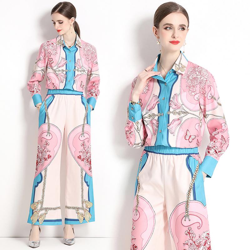 Spring Autumn Runway Designer Chain Flower Print Two Piece Set Women Long Sleeve Shirt Top And Elastic Waist Wide Leg Pant Outfit