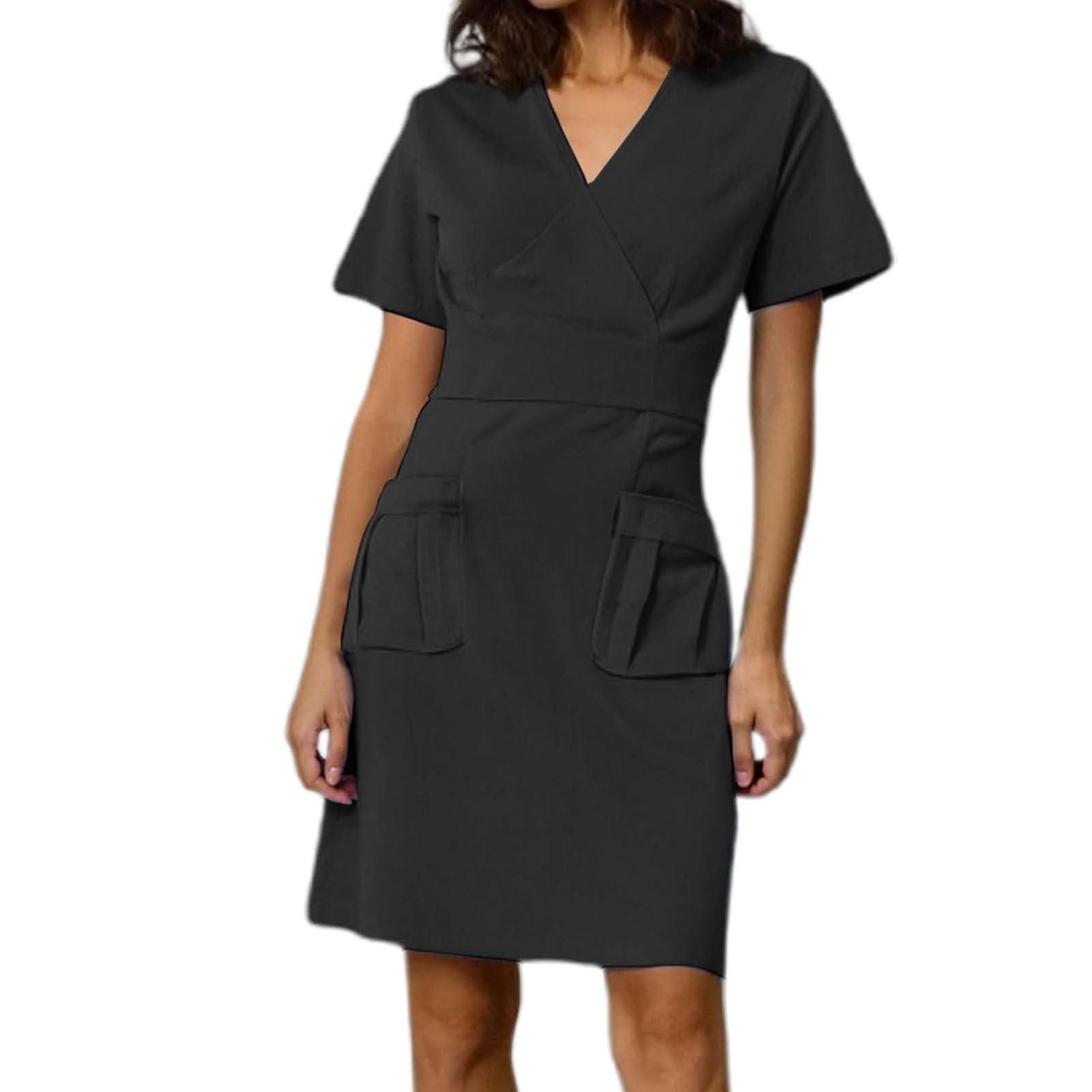 

Women s Casual Fashion Short Sleeve Solid Color Plastic Waist Dress S чёрный