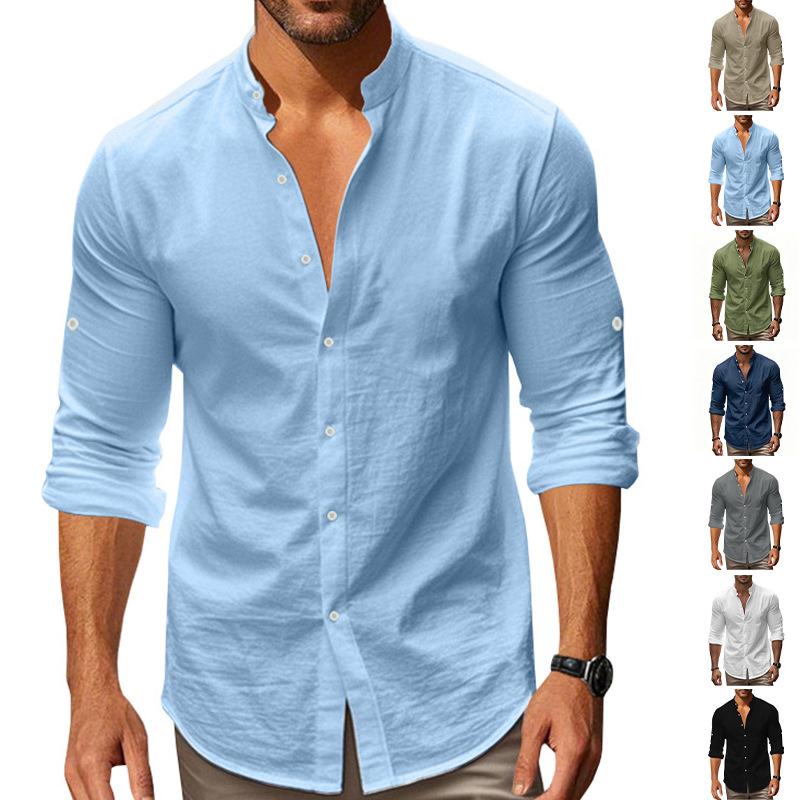 Cotton Linen Hot Sale Men's Long-Sleeved Shirts Summer Solid Color Stand-Up Collar Casual Beach Style Plus Size
