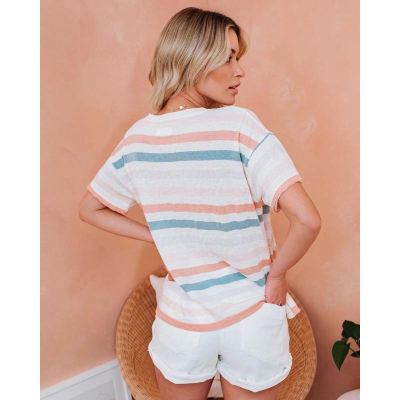 VEZFAA Women's Fashion Casual Summer Spring Stripe Print Short Sleeve O-Neck Blouses & Shirts