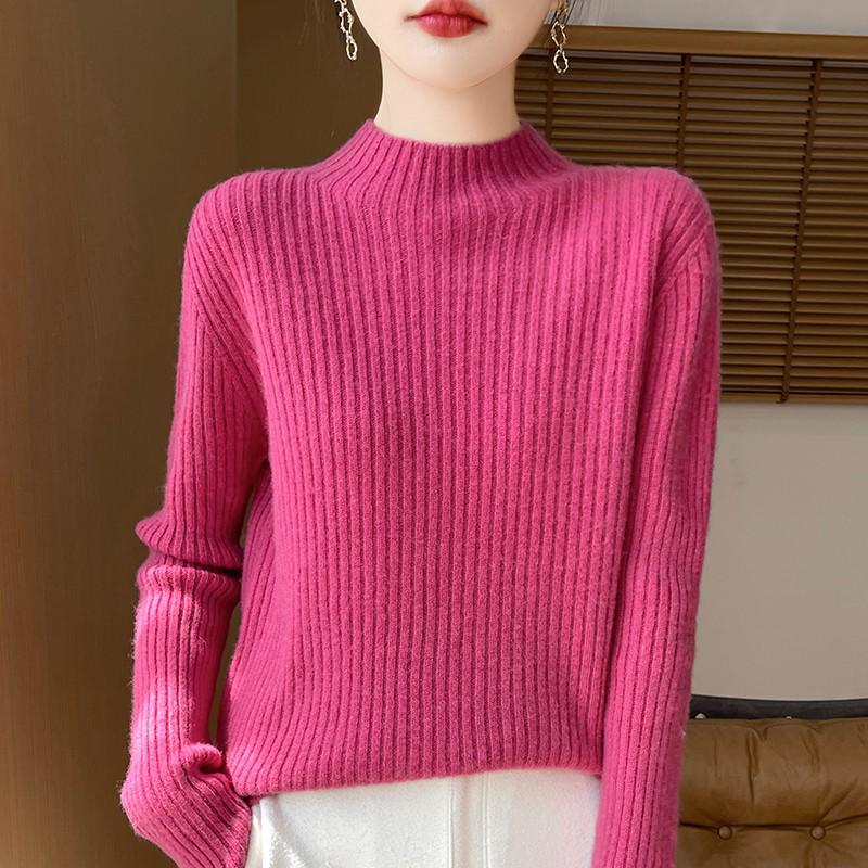 Women's 100% Pure Wool Half-High Collar Thick Knit Sweater - Warm Autumn/Winter Base Layer Pullover