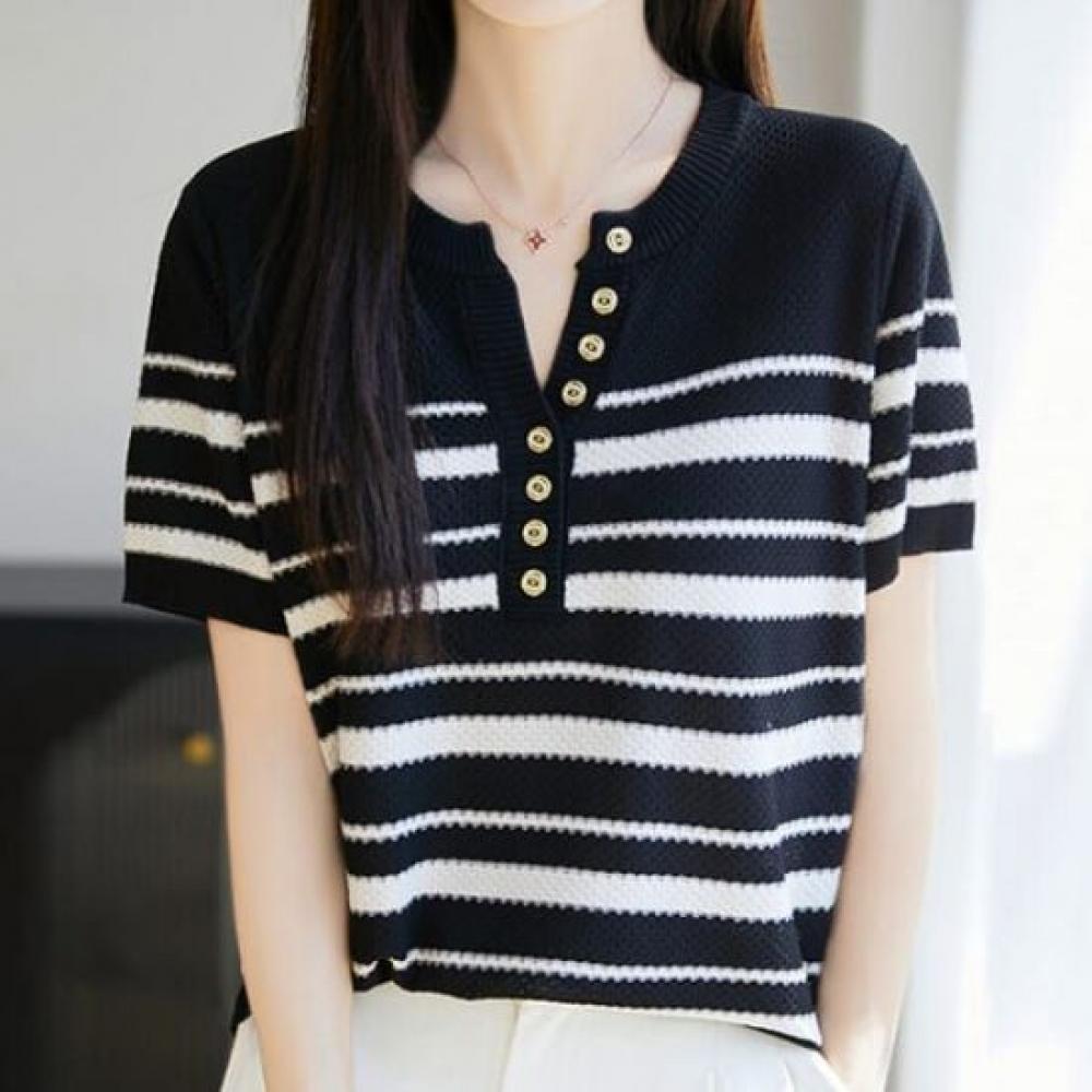 Navava Women STripe BuTTon PoinT ShorT Sleeve KniT T Nk2964