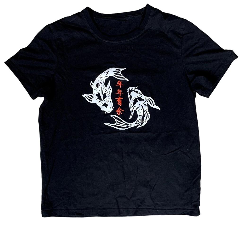 Shein Two Koi Fish 100% Cotton Black T-Shirt Size Medium