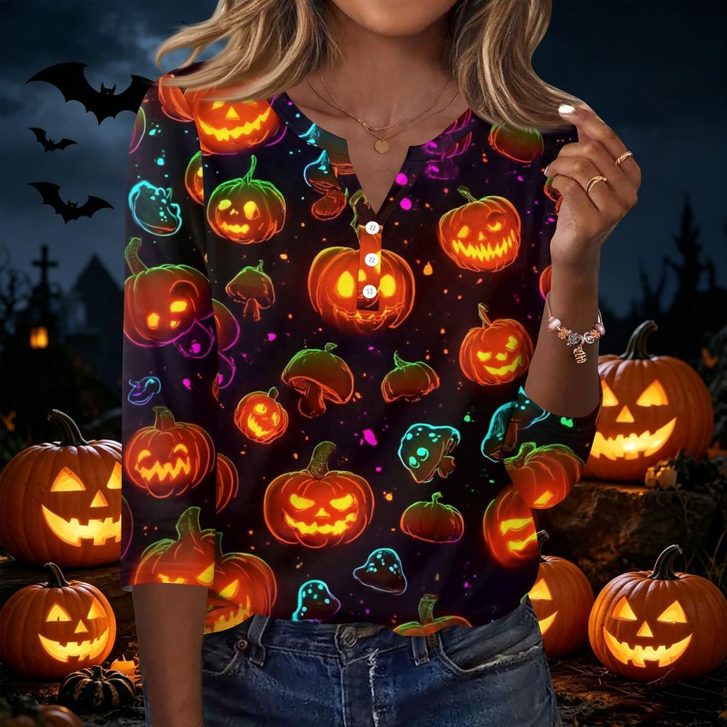 Women's Casual Halloween Print V Neck Button Three Quarter Sleeve T Shirt Top Lightweight Comfortable Fit Seasonal Graphic Tee