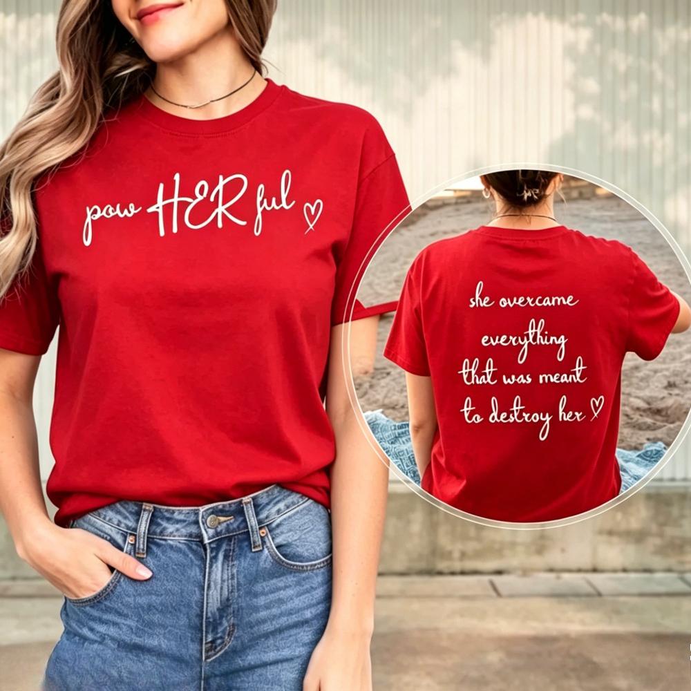 PowHERful She Overcame Womens Tee Front Back Print Inspirational Cotton TShirt Feminine Empowerment Casual Summer Tops S