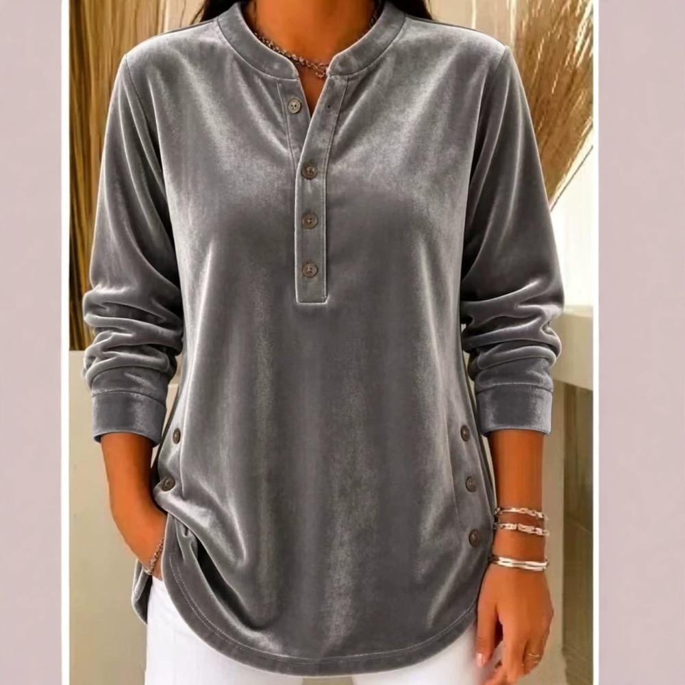 Autumn Winter New Women's Gold Velvet Top Casual Loose V-Neck Button Long Sleeve T-Shirt Velour Tee