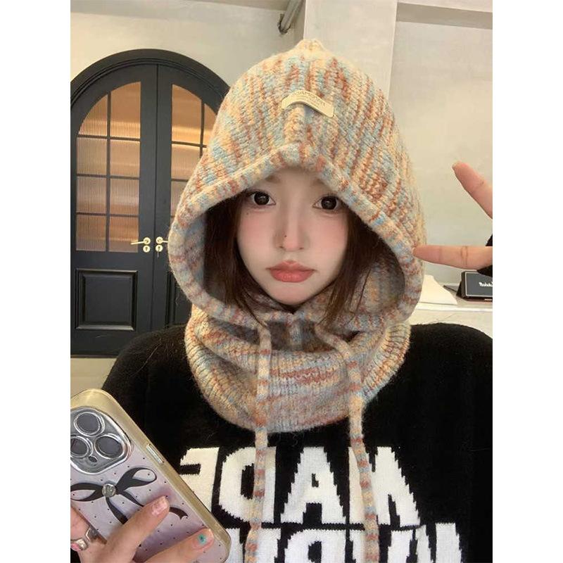 

Cute balaclava hat women s color mixed color autumn and winter outdoor warm ear protection wool knitted hat M（56-58cm） синій
