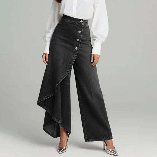 Flowy Jeans for Women High Waisted Asymmetrical Wrap Denim Pants Button Up Wide Leg