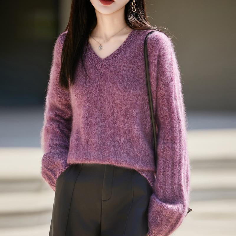 Autumn 2025 Solid V-Neck Brushed Knit Wool Sweater - Loose, Fashionable, Cozy Pullover