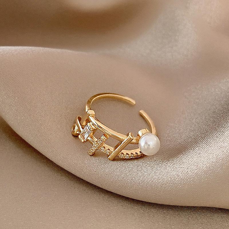 Trendy Cross Grid Pearl Zircon Ring - Stylish, Unique, and Eye-catching Fashion Statement for Women